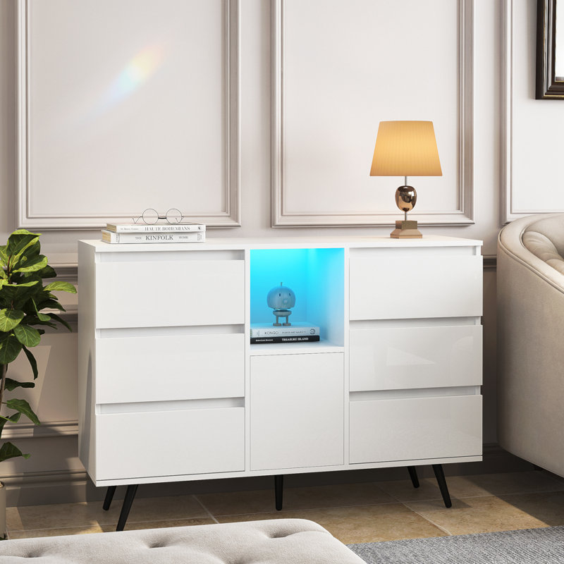 HLILish Living Room Sideboard Storage Cabinet White High Gloss With LED Light Modern Kitchen Unit Cupboard Buffet Wooden Storage Display Cabinet Wayfair
